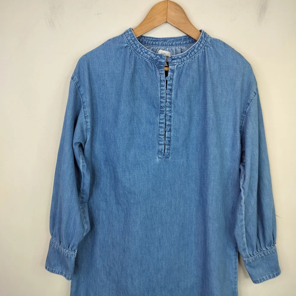 J. Crew Denim Shirt Dress Small Button Front Mini Puff Sleeve Casual Womens